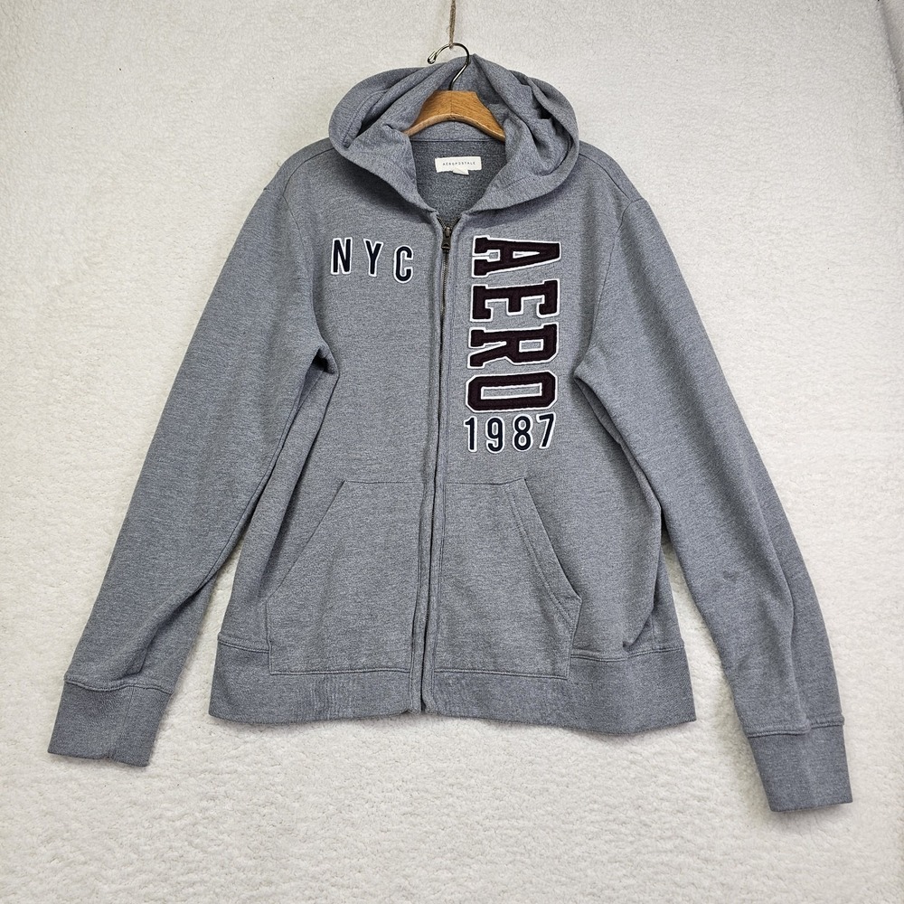 Aeropostale Full Zip Up Hoodie Men's Large Gray Chenille Letters Pockets